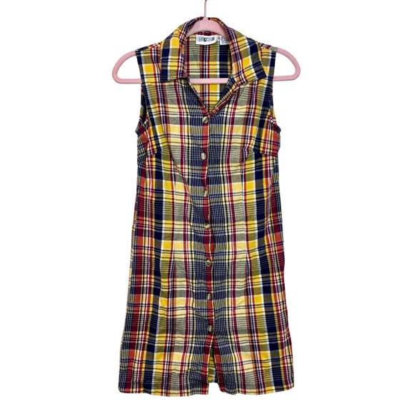ALL ACCESS Dresses & Skirts - Vintage Access Plaid‎ Sleeveless Dress Button Front Yellow Red Blue XS/S
